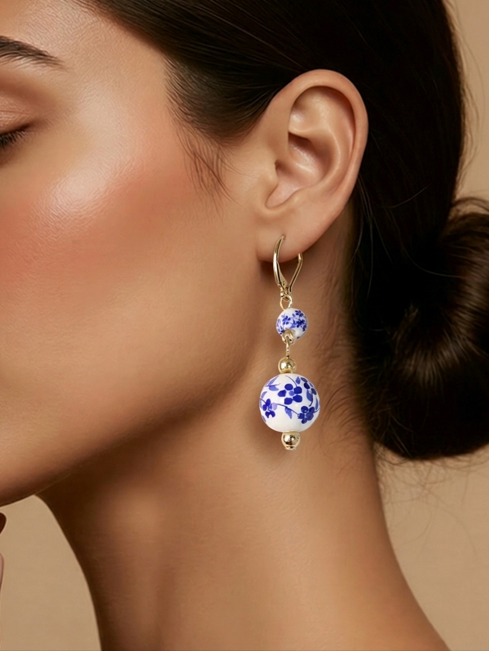 Blue Floral Porcelain Earrings Gold Leverback Dangle Vintage Chinoiserie Refined